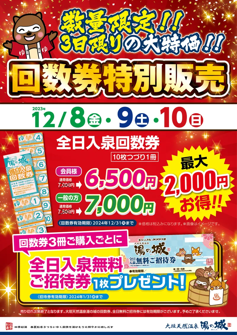 湯の城　大垣　回数券　10回分　8500円分　温泉　岐阜　風呂20241231